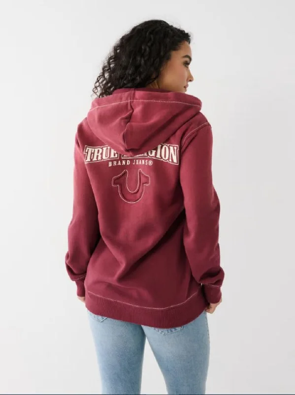 True Religion Women Red Printed Hooded Full Sleeves Sweatshirt