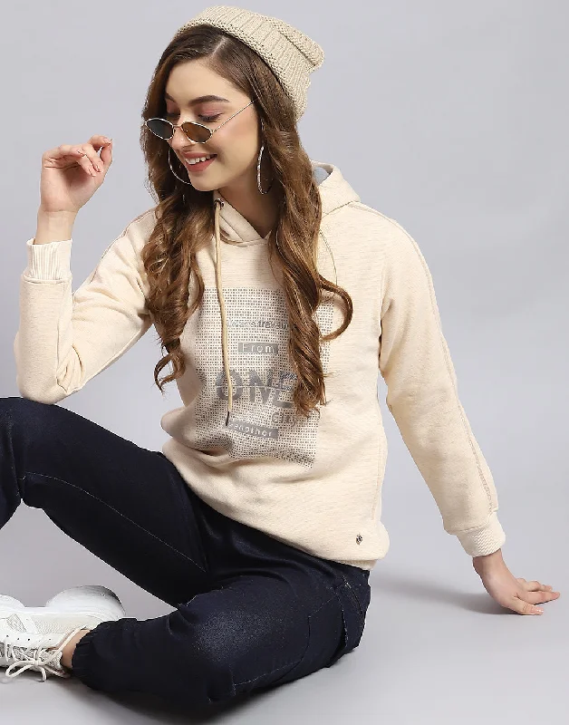 Women Beige Printed Hooded Full Sleeve Sweatshirt