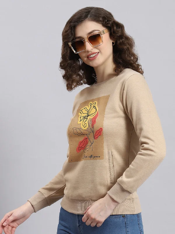 Women Beige Printed Round Neck Full Sleeve Sweatshirt