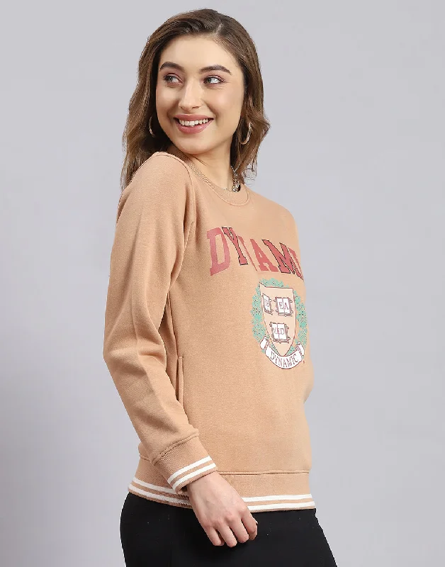 Women Beige Printed Round Neck Full Sleeve Sweatshirt