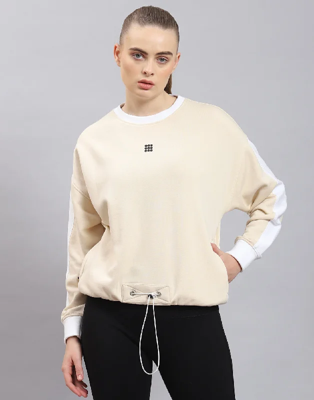 Women Beige Solid Round Neck Full Sleeve Sweatshirt