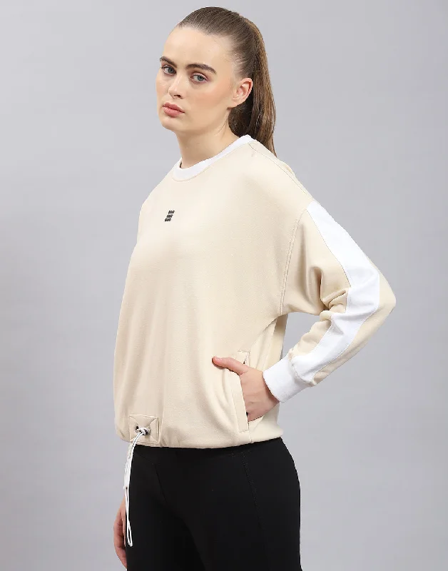 Women Beige Solid Round Neck Full Sleeve Sweatshirt