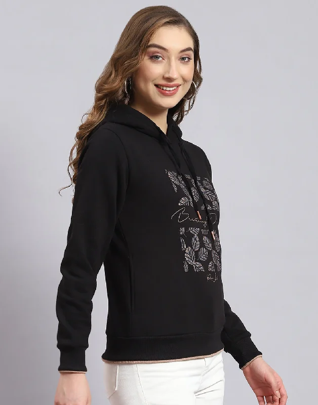 Women Black Embroidered Hooded Full Sleeve Sweatshirt