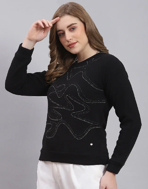 Women Black Printed Round Neck Full Sleeve Sweatshirt