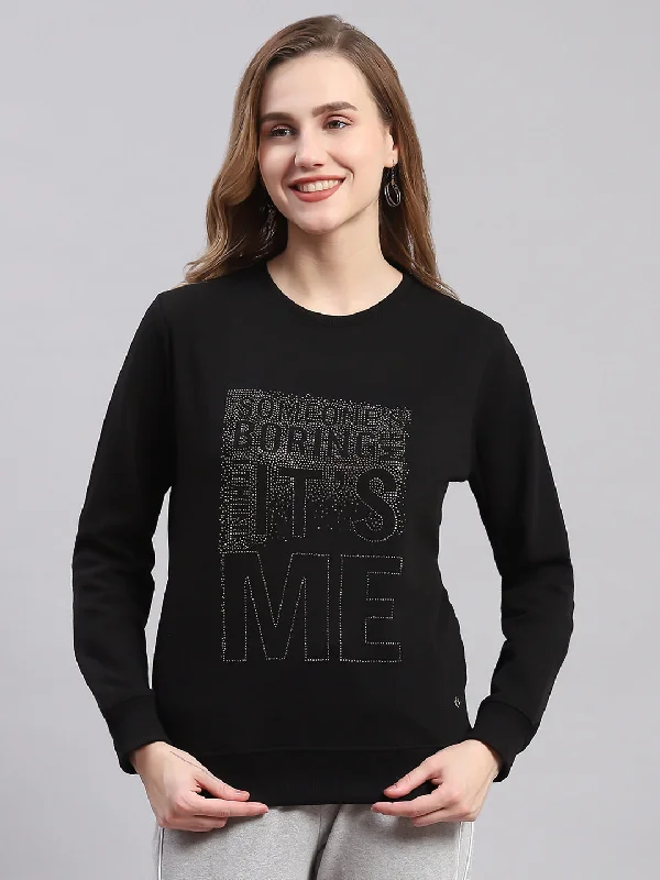 Women Black Printed Round Neck Full Sleeve Sweatshirts