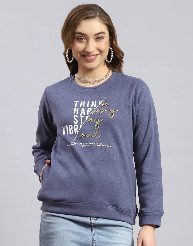 Women Blue Printed Round Neck Full Sleeve Sweatshirt