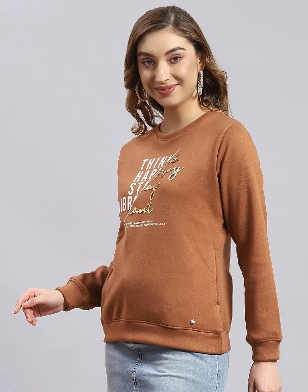 Women Brown Printed Round Neck Full Sleeve Sweatshirt