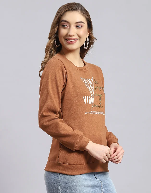 Women Brown Printed Round Neck Full Sleeve Sweatshirt