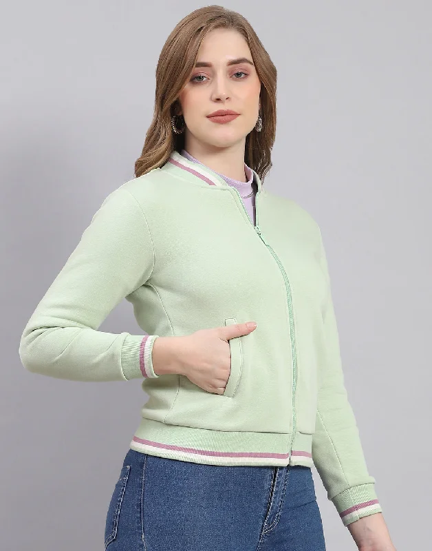 Women Green Solid Mandarin Collar Full Sleeve Sweatshirt