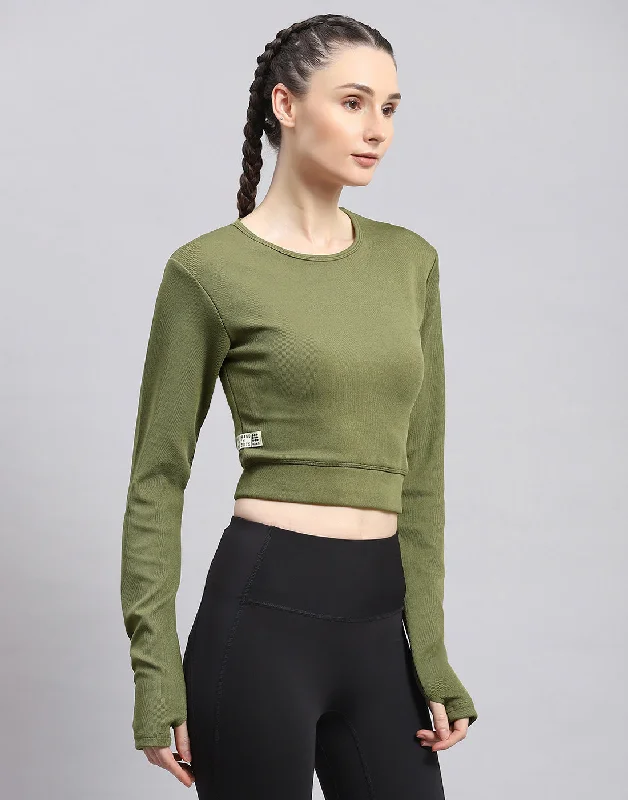 Women Green Solid Round Neck Full Sleeve Sweatshirt