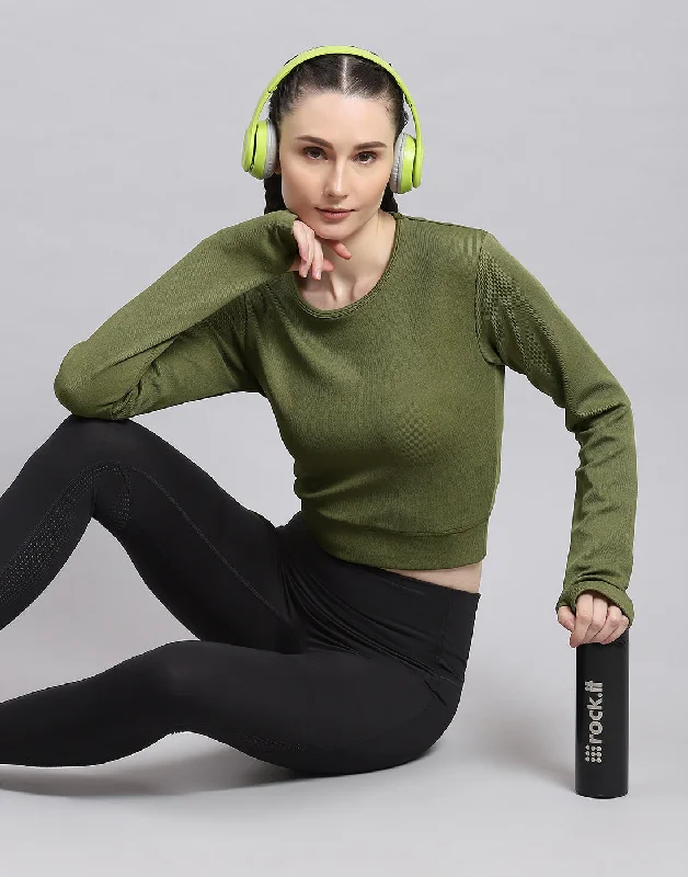 Women Green Solid Round Neck Full Sleeve Sweatshirt