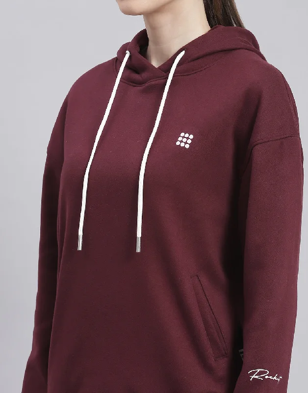 Women Maroon Solid Hooded Full Sleeve Sweatshirt