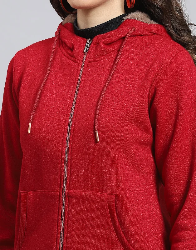 Women Maroon Solid Hooded Full Sleeve Sweatshirt