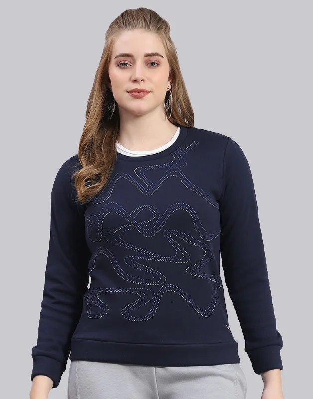 Women Navy Blue Printed Round Neck Full Sleeve Sweatshirt