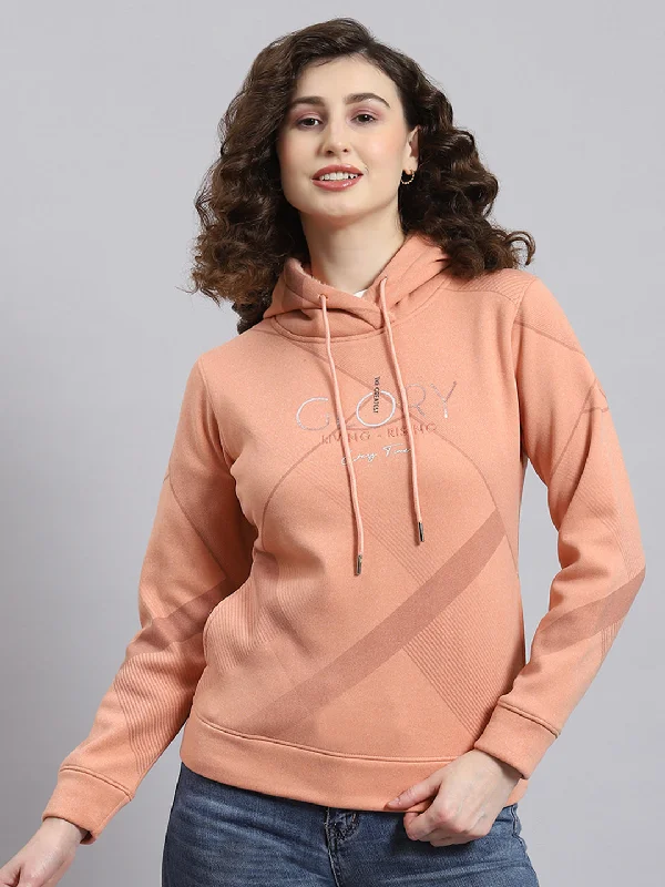 Women Peach Printed Hooded Full Sleeve Sweatshirt