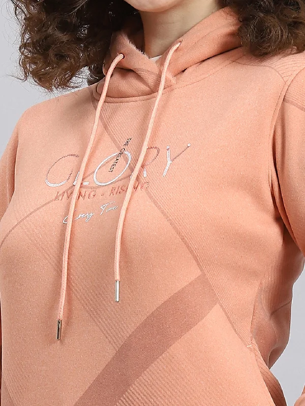 Women Peach Printed Hooded Full Sleeve Sweatshirt