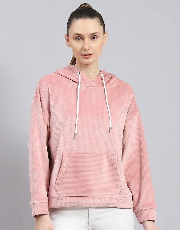 Women Peach Solid Hooded Full Sleeve Sweatshirt