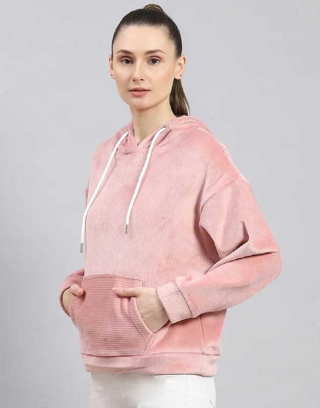 Women Peach Solid Hooded Full Sleeve Sweatshirt