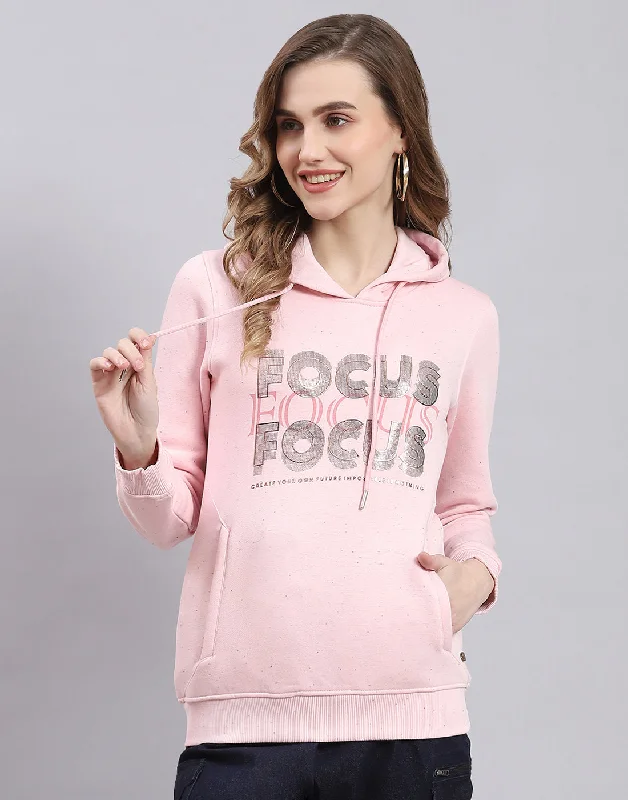 Women Pink Printed Hooded Full Sleeve Sweatshirt