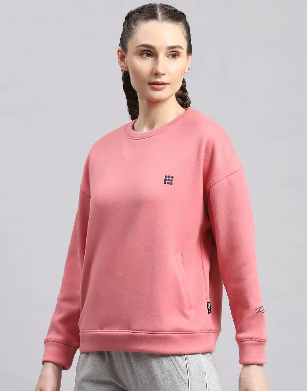 Women Pink Solid Round Neck Full Sleeve Sweatshirt