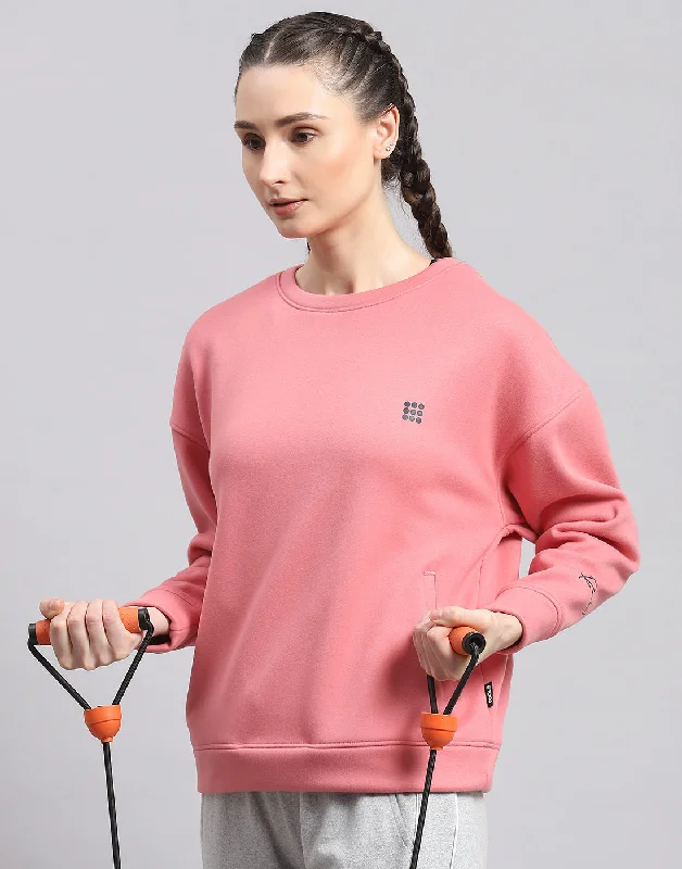 Women Pink Solid Round Neck Full Sleeve Sweatshirt