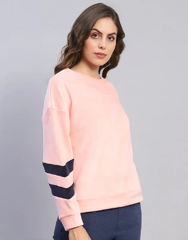 Women Pink Solid Round Neck Full Sleeve Sweatshirt