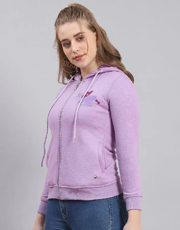 Women Purple Printed Hooded Full Sleeve Sweatshirt