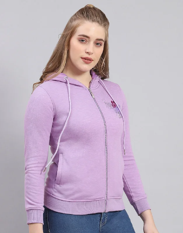 Women Purple Printed Hooded Full Sleeve Sweatshirt