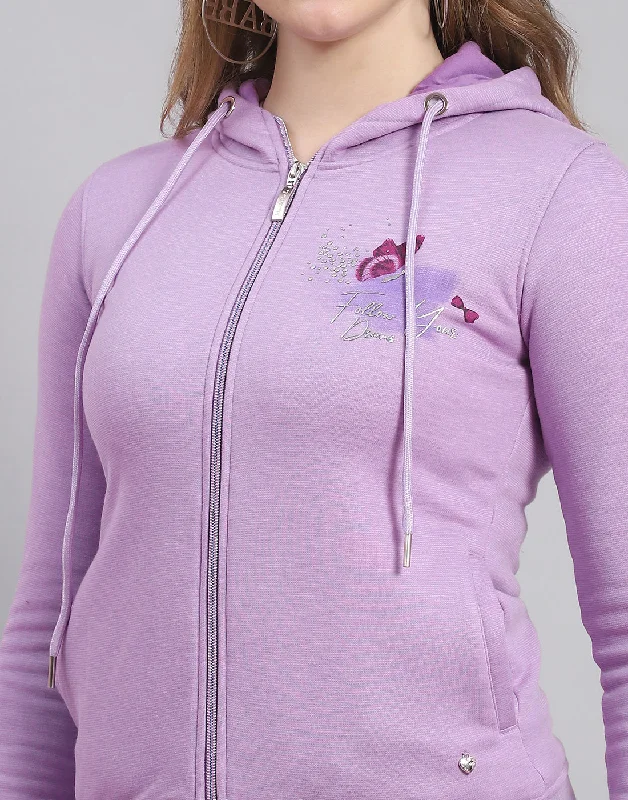 Women Purple Printed Hooded Full Sleeve Sweatshirt