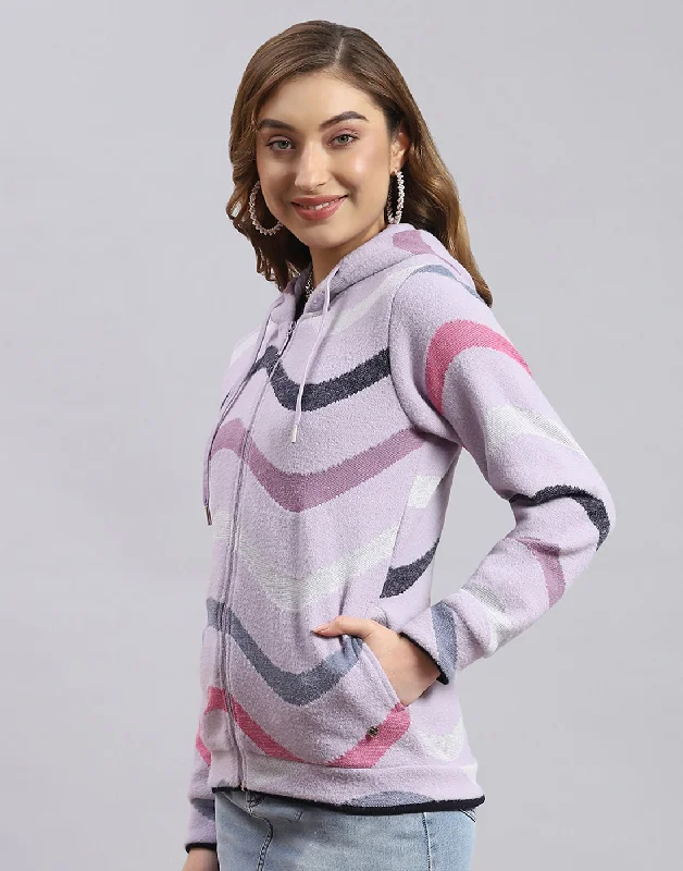 Women Purple Printed Hooded Full Sleeve Sweatshirt