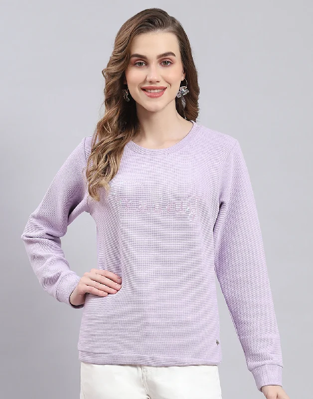 Women Purple Self Design Round Neck Full Sleeve Sweatshirt