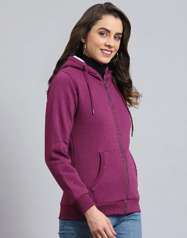 Women Purple Solid Hooded Full Sleeve Sweatshirt