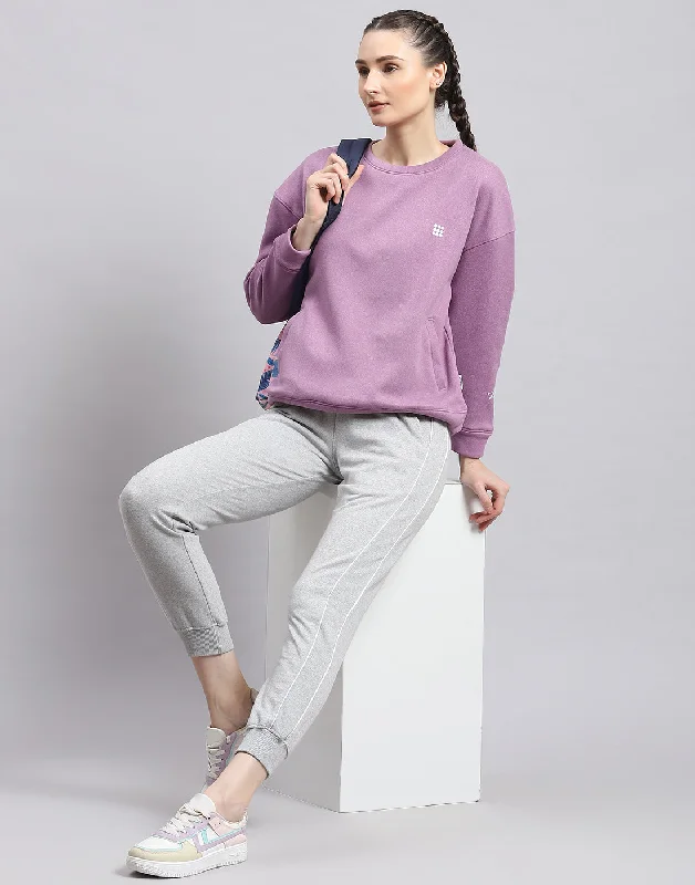 Women Purple Solid Round Neck Full Sleeve Sweatshirt