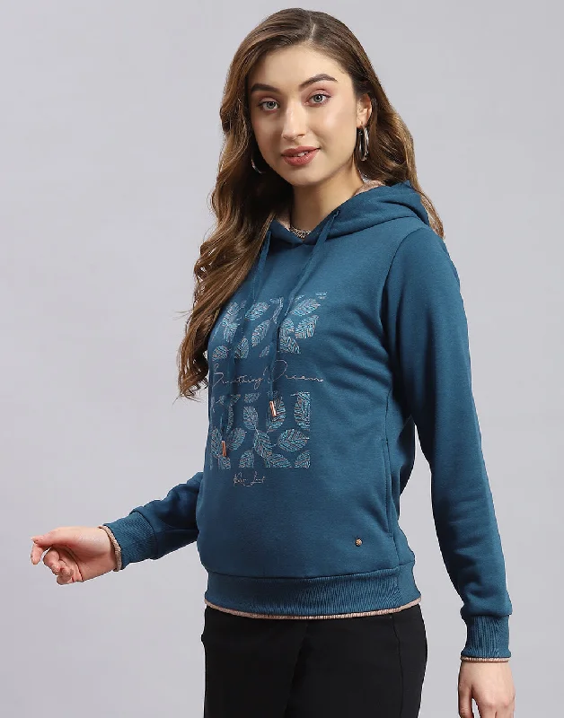 Women Teal Blue Embroidered Hooded Full Sleeve Sweatshirt