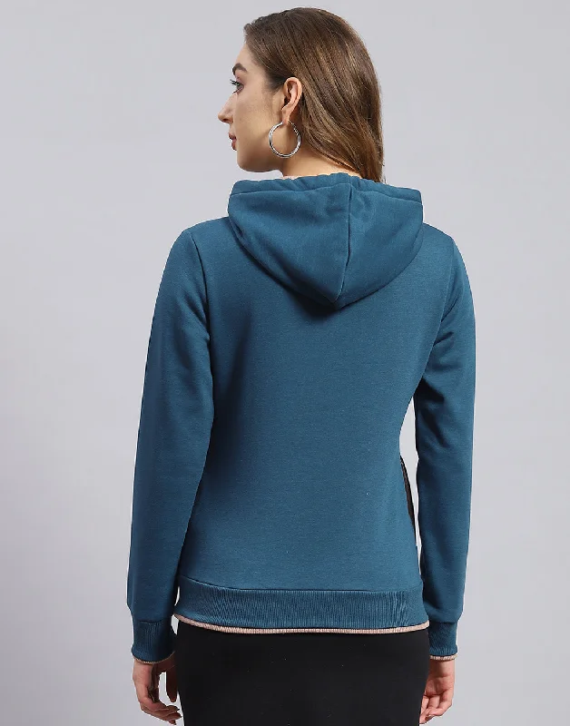 Women Teal Blue Embroidered Hooded Full Sleeve Sweatshirt