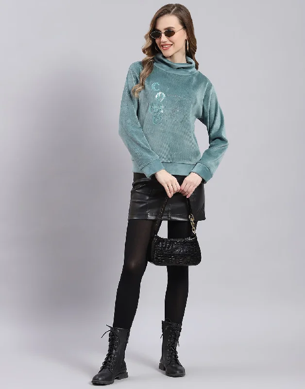 Women Teal Blue Embroidered Round Neck Full Sleeve Sweatshirt