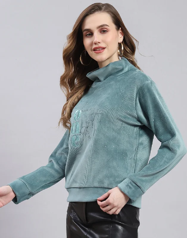 Women Teal Blue Embroidered Round Neck Full Sleeve Sweatshirt