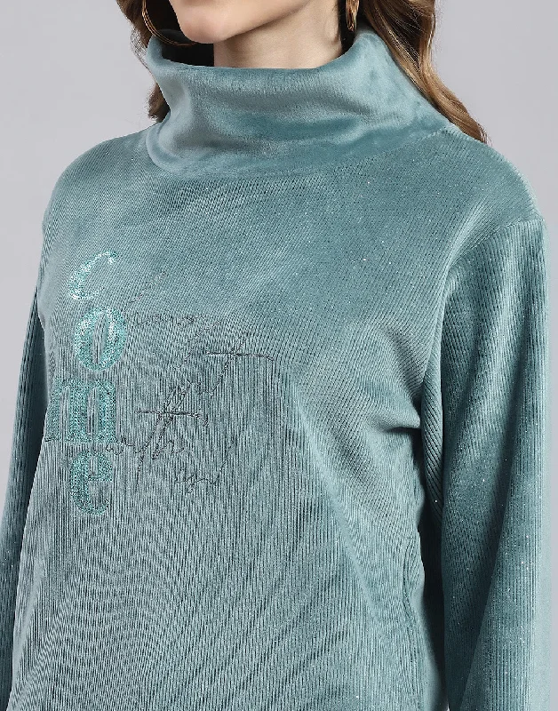 Women Teal Blue Embroidered Round Neck Full Sleeve Sweatshirt