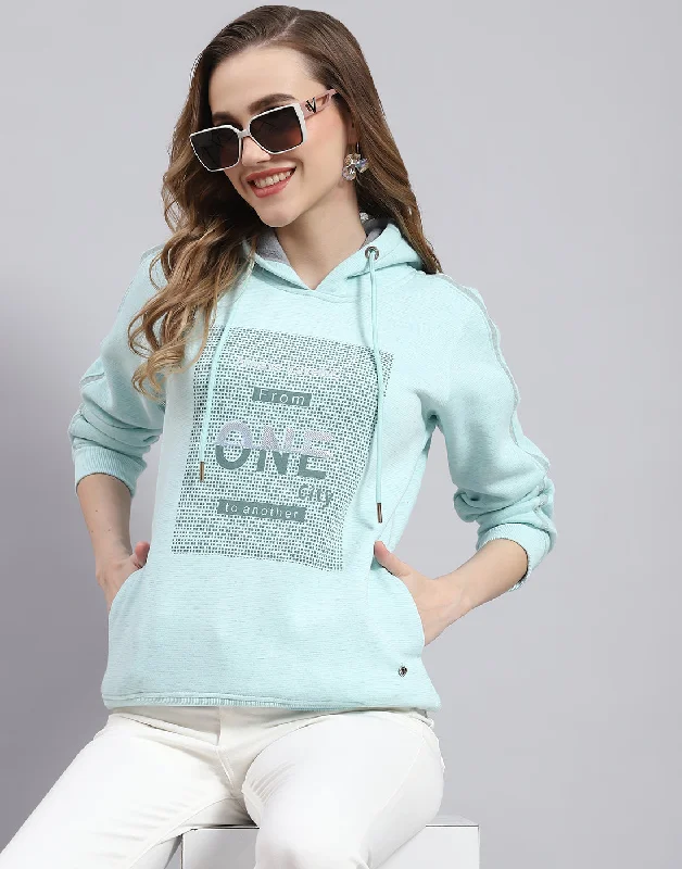 Women Turquoise Blue Printed Hooded Full Sleeve Sweatshirt