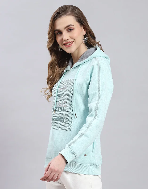 Women Turquoise Blue Printed Hooded Full Sleeve Sweatshirt