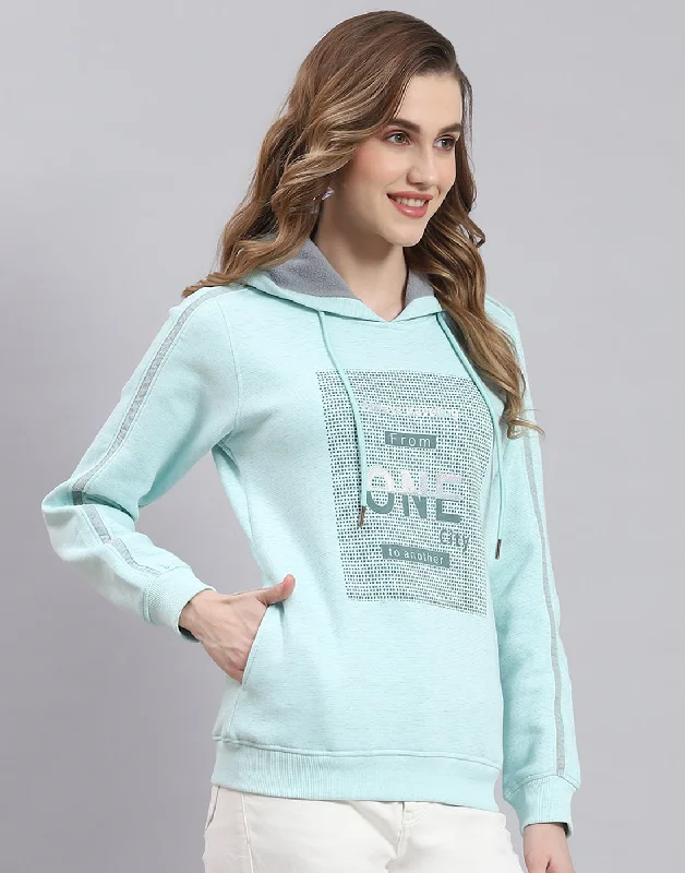 Women Turquoise Blue Printed Hooded Full Sleeve Sweatshirt