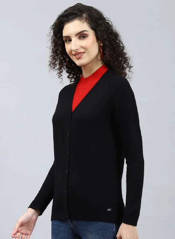 Women Black Solid Pure wool Cardigan