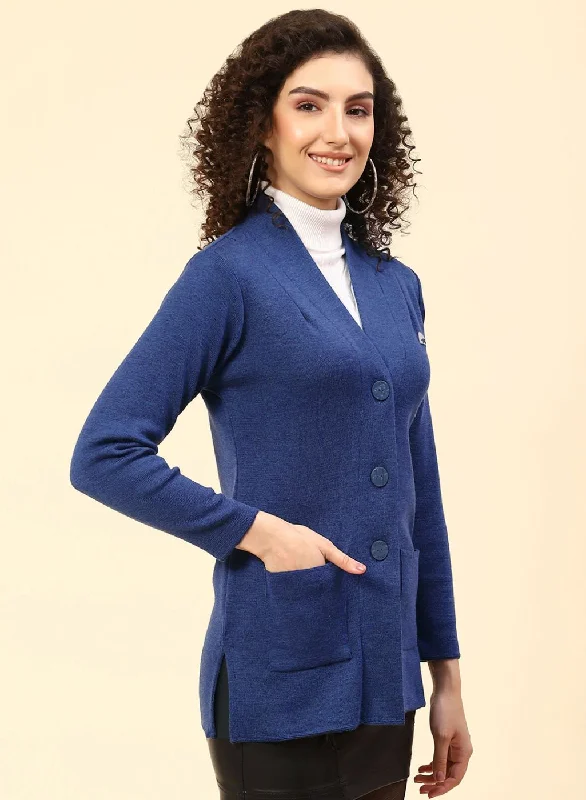 Women Blue Solid Pure wool Cardigan