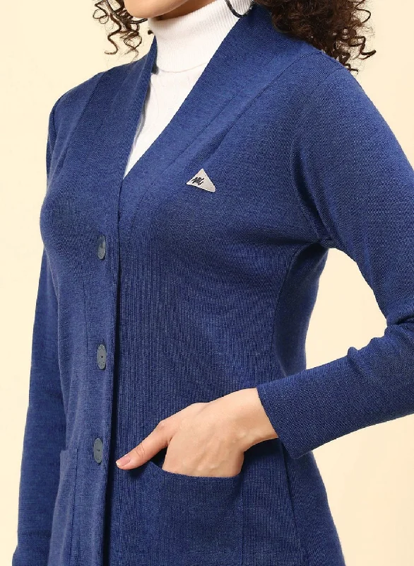 Women Blue Solid Pure wool Cardigan