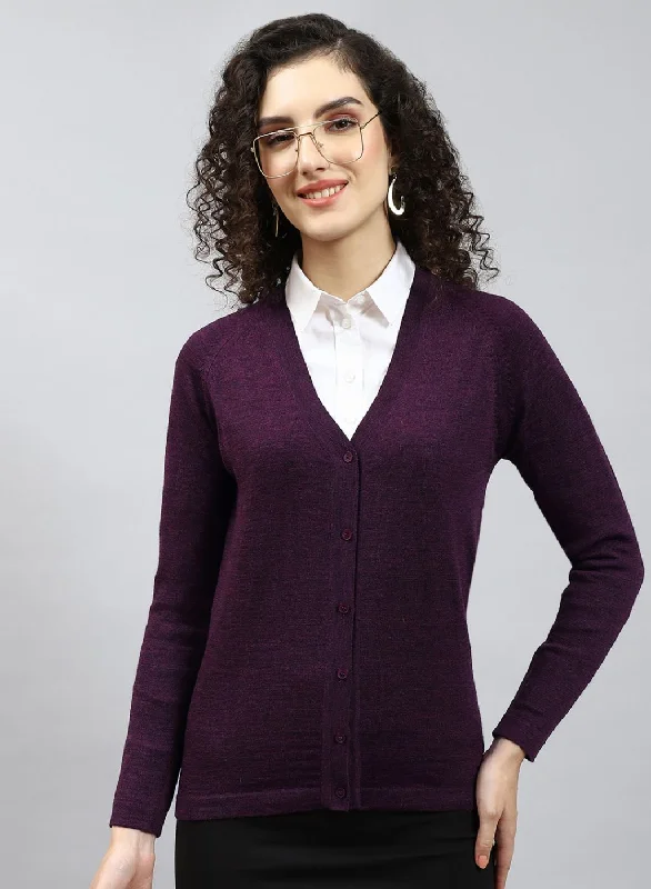 Women Maroon Solid Pure wool Cardigan