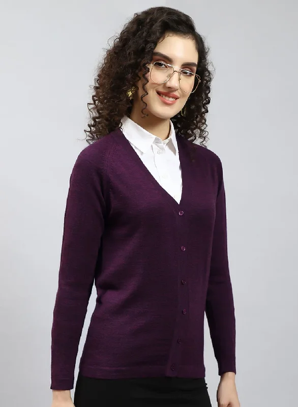 Women Maroon Solid Pure wool Cardigan