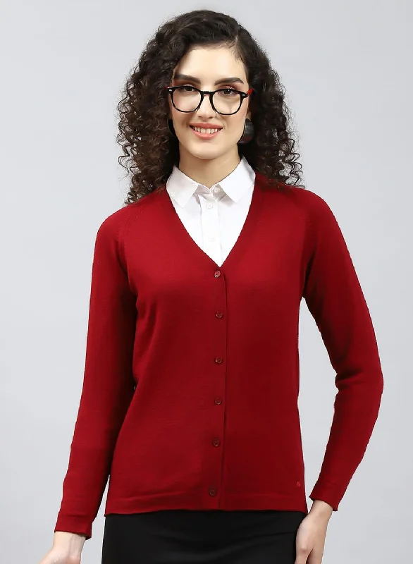 Women Maroon Solid Pure wool Cardigan