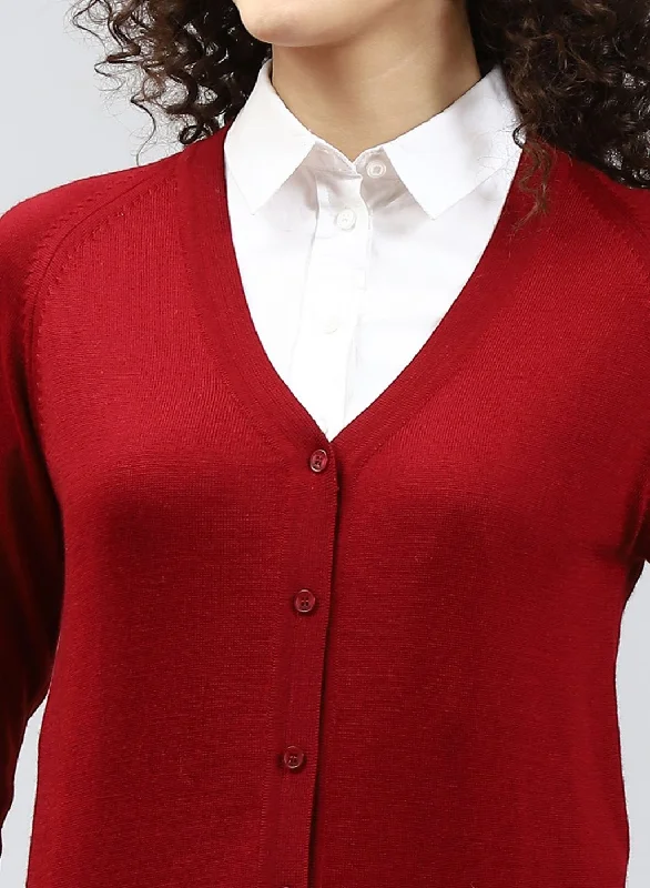 Women Maroon Solid Pure wool Cardigan