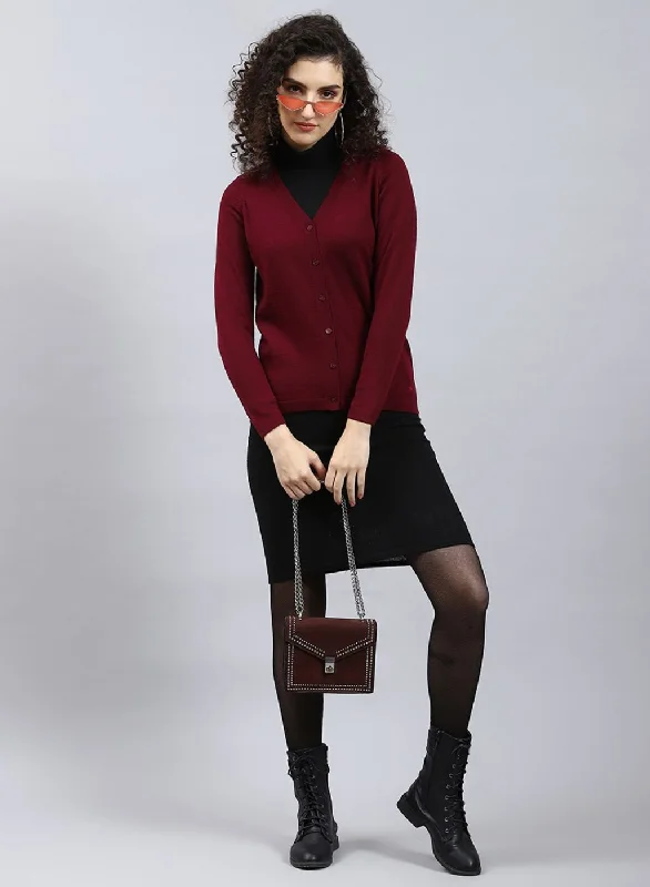 Women Maroon Solid Pure wool Cardigan