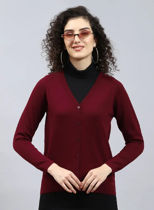 Women Maroon Solid Pure wool Cardigan